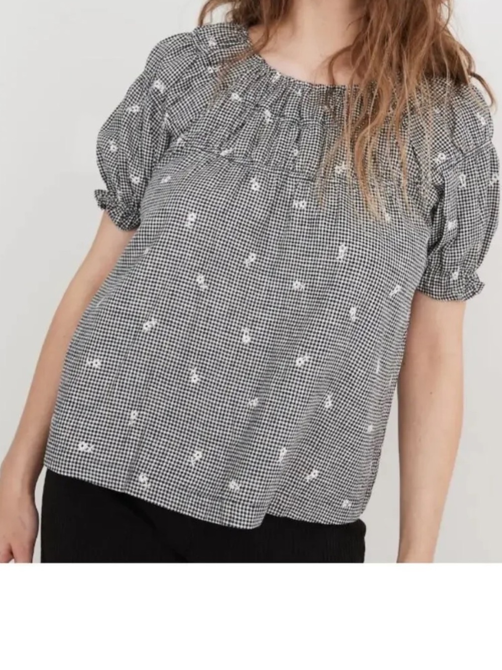 Madewell Embroidered Gingham Shirred Puff-Sleeve Top Blouse Black White XXS